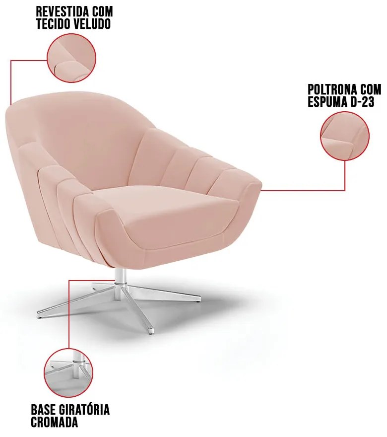 Kit 02 Poltronas Giratória Giovana Veludo Base Cromada D03 - D'Rossi - Rose