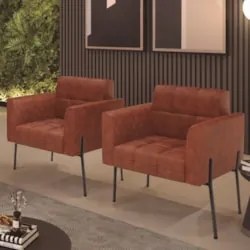 Poltrona Sala Pé Metal Preto Kit 2 Ana Sintético PU Nozes - Ibiza