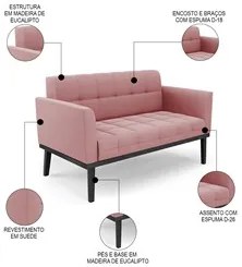 Sofá Namoradeira e 1 Poltrona Base Madeira Preto Ana Suede Rosê - Ibiz