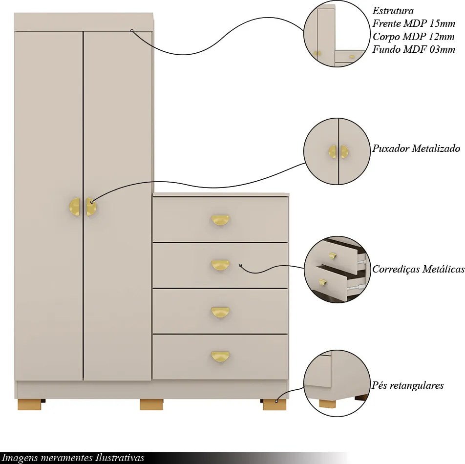 Cômoda Roupeiro Allure 4 Gavetas 2 Portas com Prateleiras Fendi G98 - Gran Belo