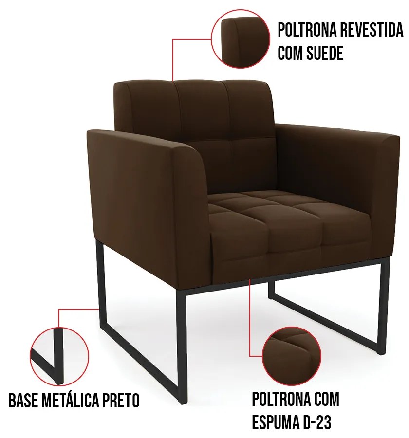 Kit 1 Sofá Namoradeira e 1 Poltrona Elisa Suede Marrom Base Metálica Industrial Preto D03 - D'Rossi