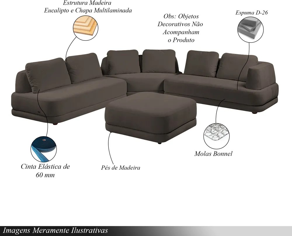 Sofá de Canto Modulado Vercelli 482cm com Almofadas Soltas e Puff Veludo Luxo Marrom G92 - Gran Belo