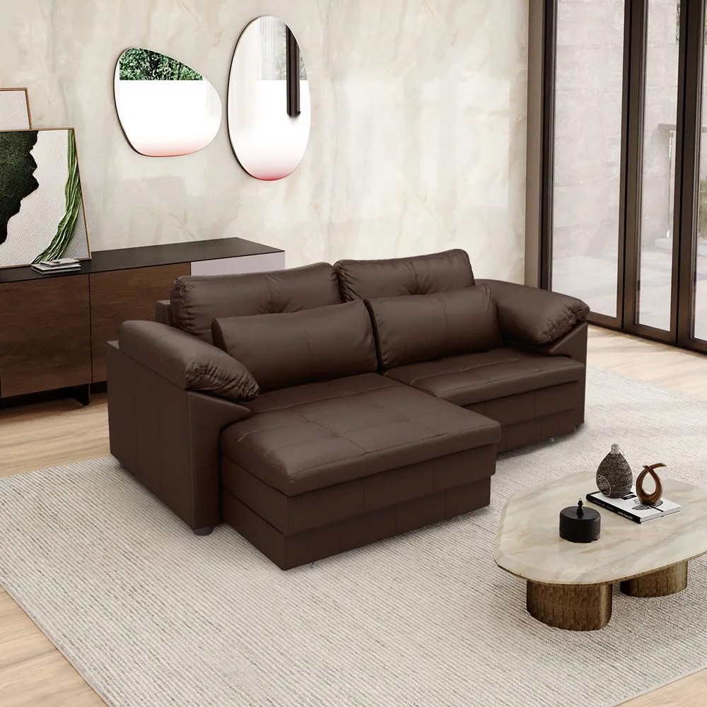Sofá Retrátil Manual Sala de Estar Nolan Bipartido 250cm Conforto Premium em Couro Marrom Brilho G58 - Gran Belo