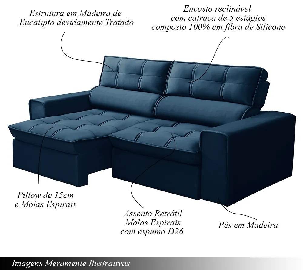 Sofá Retrátil e Reclinável 2 Lugares 180cm Welton Veludo Azul G22 - Gran Belo