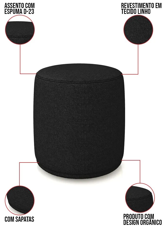 Puff Redondo Orgânico para Sala Malu Linho M11 - D'Rossi - Preto