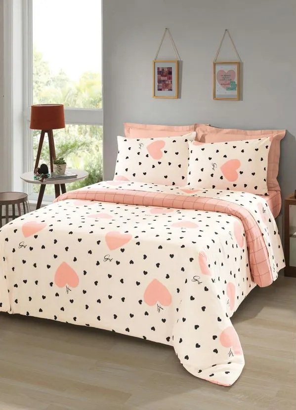 Jogo de Cama Coração Rosa Queen 4 Peças