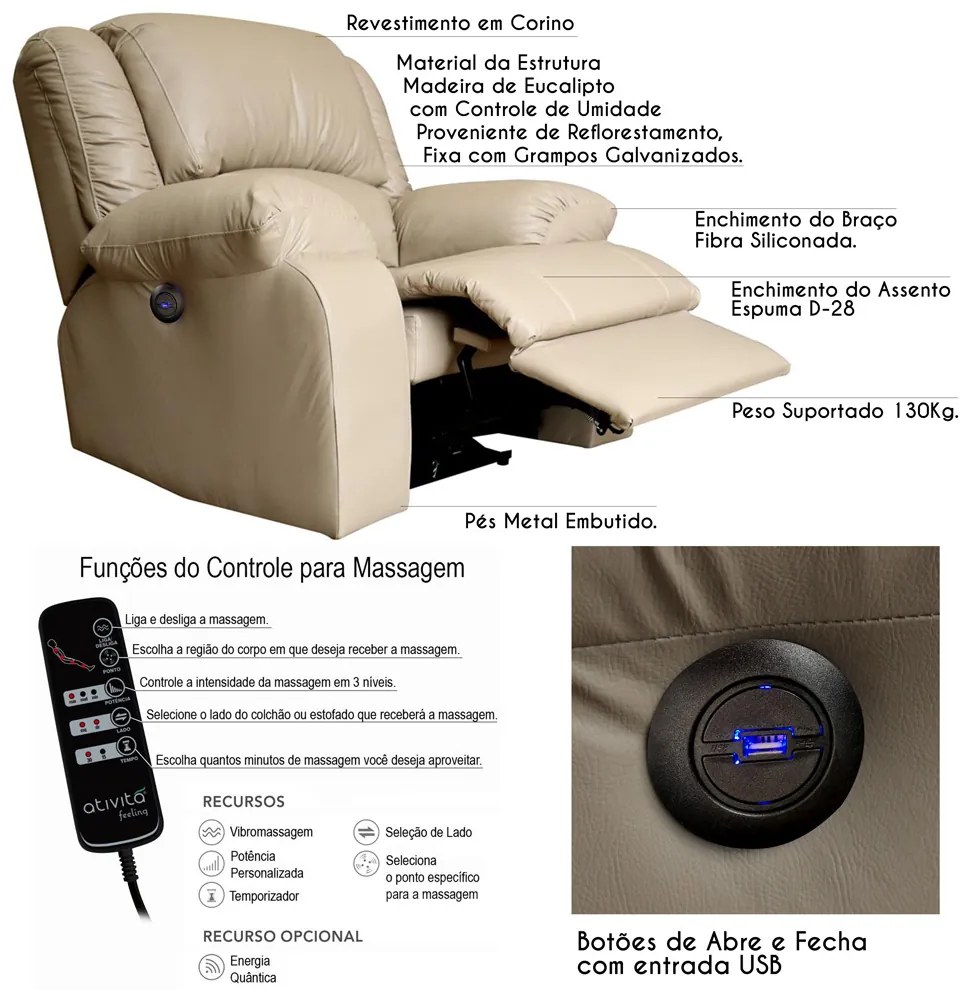 Poltrona do Papai Reclinável Elétrica com Massagem e USB Magnum PU Sintético Bege G23 - Gran Belo