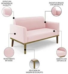 Sofá Namoradeira e 2 Poltronas Base Madeira Castanho Maressa Suede Ros