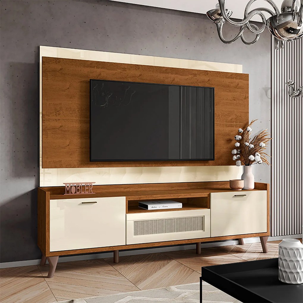 Kit Painel de TV e Bancada 180cm Arcade Nature/Off White - Mobler - Marrom