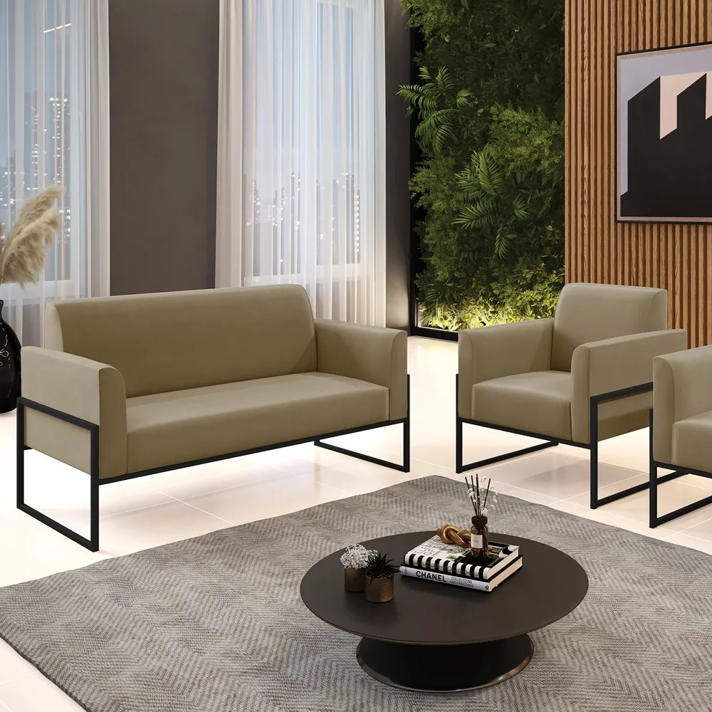Sofá Namoradeira com Poltrona Base Industrial Alta Preto Marisa Suede D03 - D'Rossi - Marrom Rato