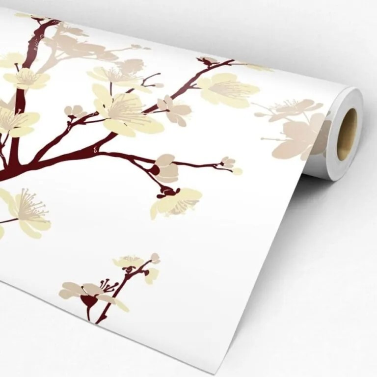 Papel de Parede Floral Branco Amarelo e Vermelho Bordô 0.52m x 3.00m