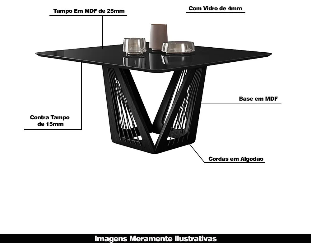Mesa Sala de Jantar 4 Lugares 150cm Tampo Quadrado de Vidro Giaguaro Preto/Ébano G13 - Gran Belo
