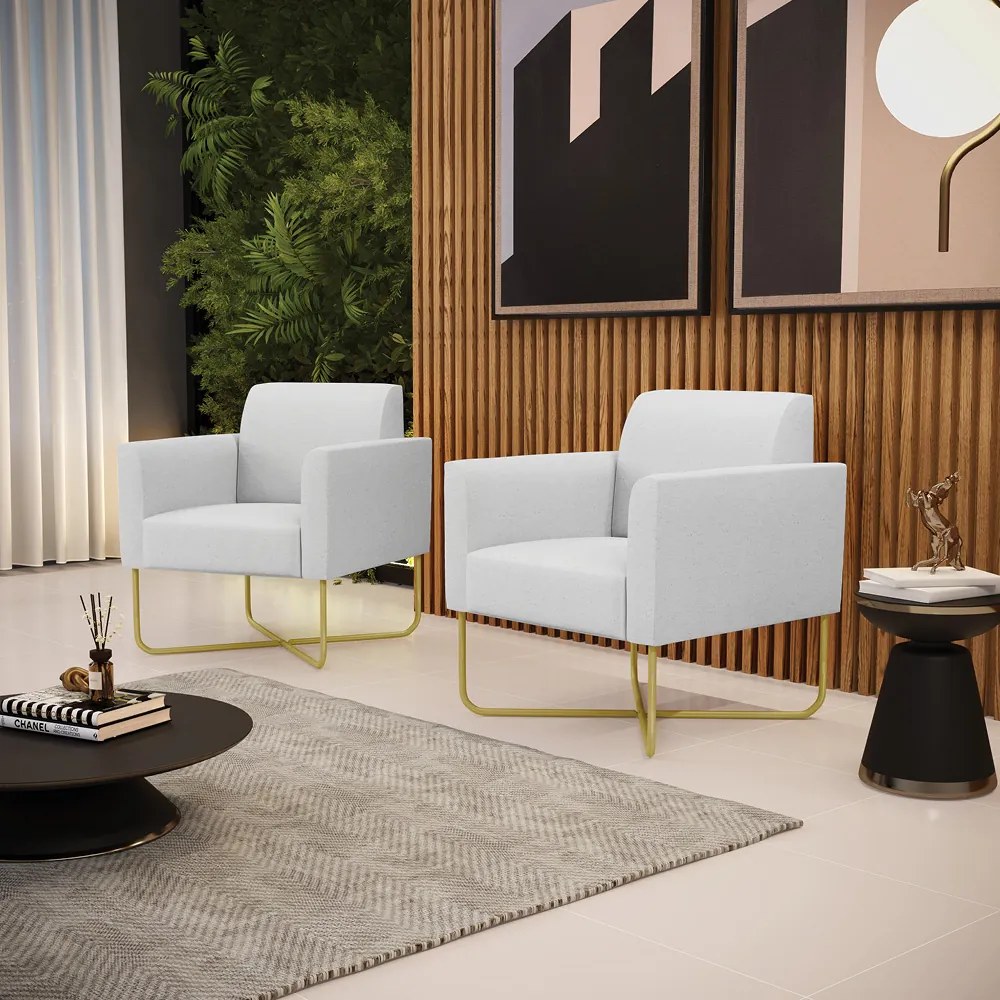 Kit 2 Poltronas Base X Industrial Dourado Marisa Linho - A05 Cinza