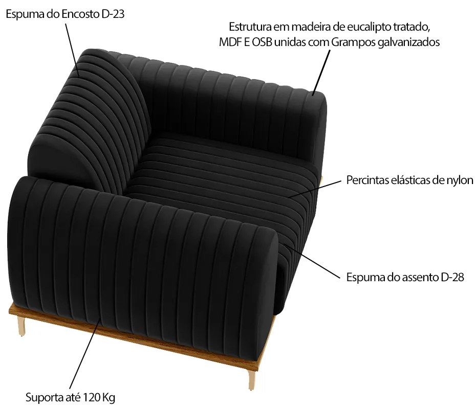 Poltrona Decorativa Sala de Estar Base de Madeira Euro Veludo Preto G15 - Gran Belo