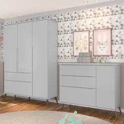 Jogo De Quarto Infantil Guarda Roupa e Cômoda 100% MDF Melinda Cinza -