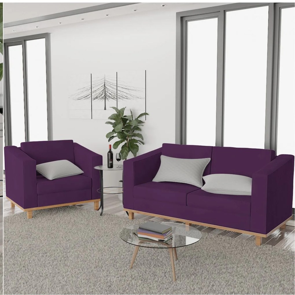Kit Sofá 2 Lugares e Poltrona Europa Suede Roxo ADJ Decor