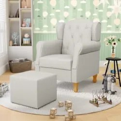 Poltrona de Amamentação Pés Madeira e Puff Lucy Z39  Linho Off White -