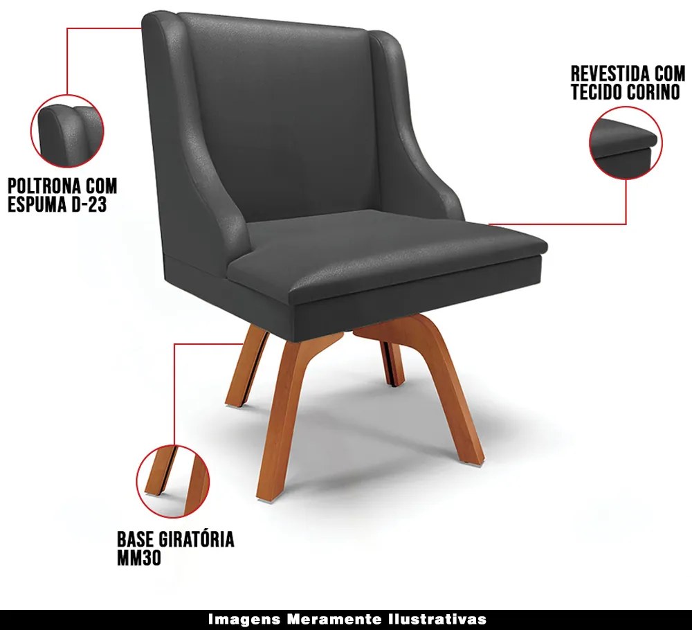 Kit 6 Cadeiras Decorativas Sala de Jantar Base Giratória de Madeira Firenze PU Preto Fosco/Natural G19 - Gran Belo