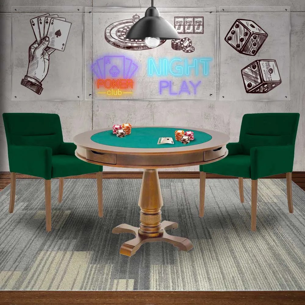 Mesa de Jogos Carteado Victoria Redonda Tampo Reversível Amêndoa com 2 Cadeiras Vicenza Verde G36 G15 - Gran Belo