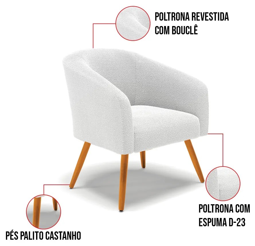 Sofá Namoradeira e Poltrona Pé Palito Castanho Stella Bouclê Off White D03 - D'Rossi