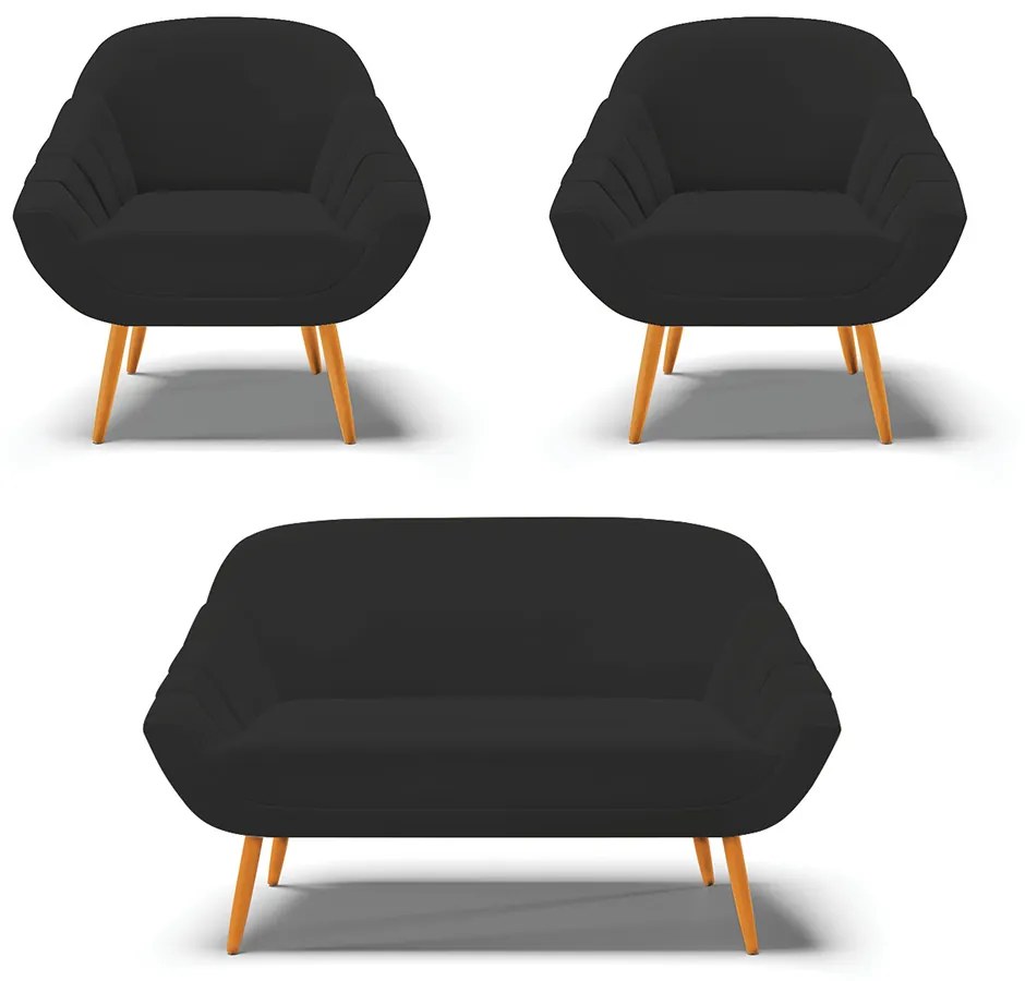 Kit 01 Namoradeira 02 Lugares e 02 Poltronas Giovana Veludo Preto Pés Palito Castanho - D'Rossi