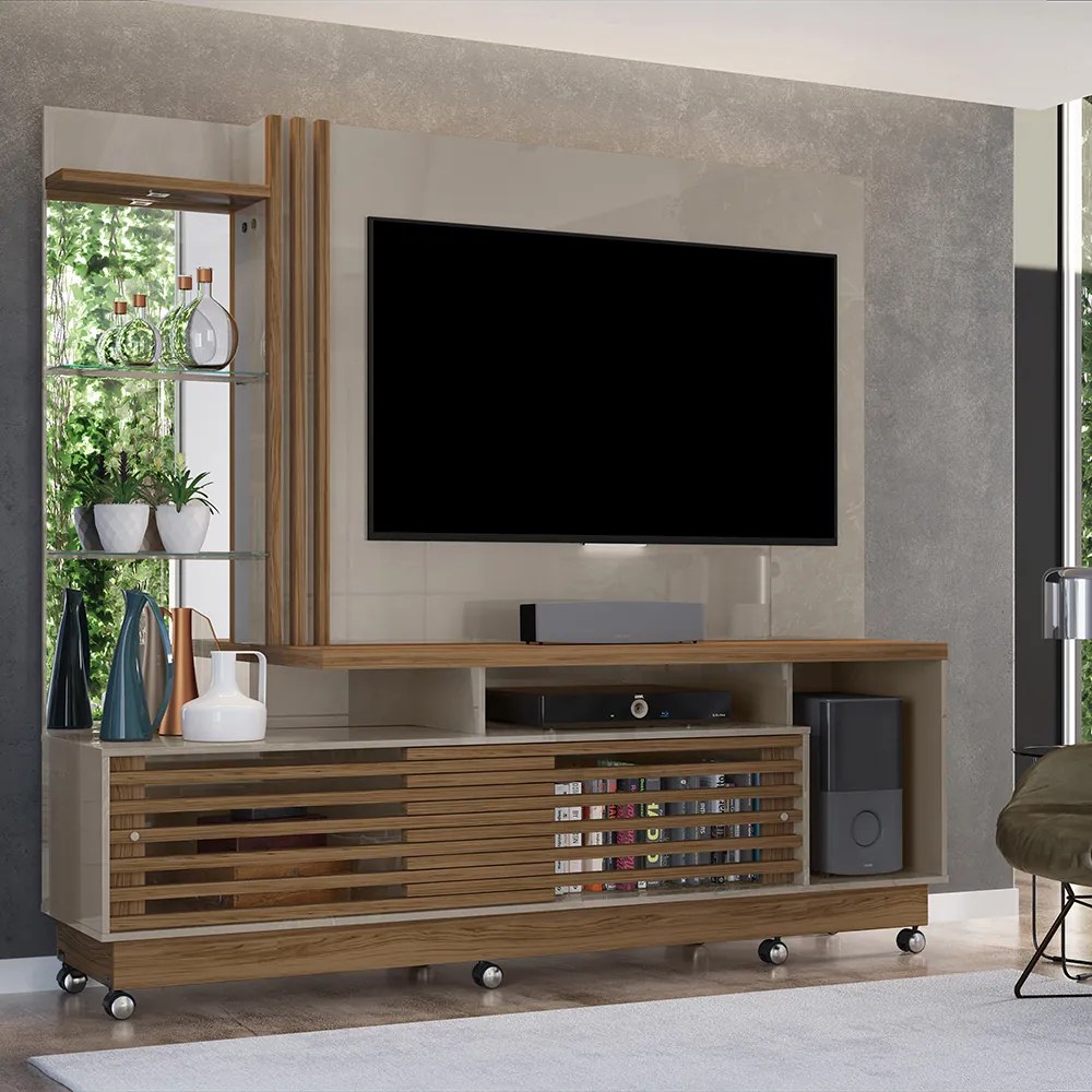 Estante de TV 60 Pol 200cm com Rodízio Sala de Estar Lumari M20 - D'Rossi - Fendi e Naturale