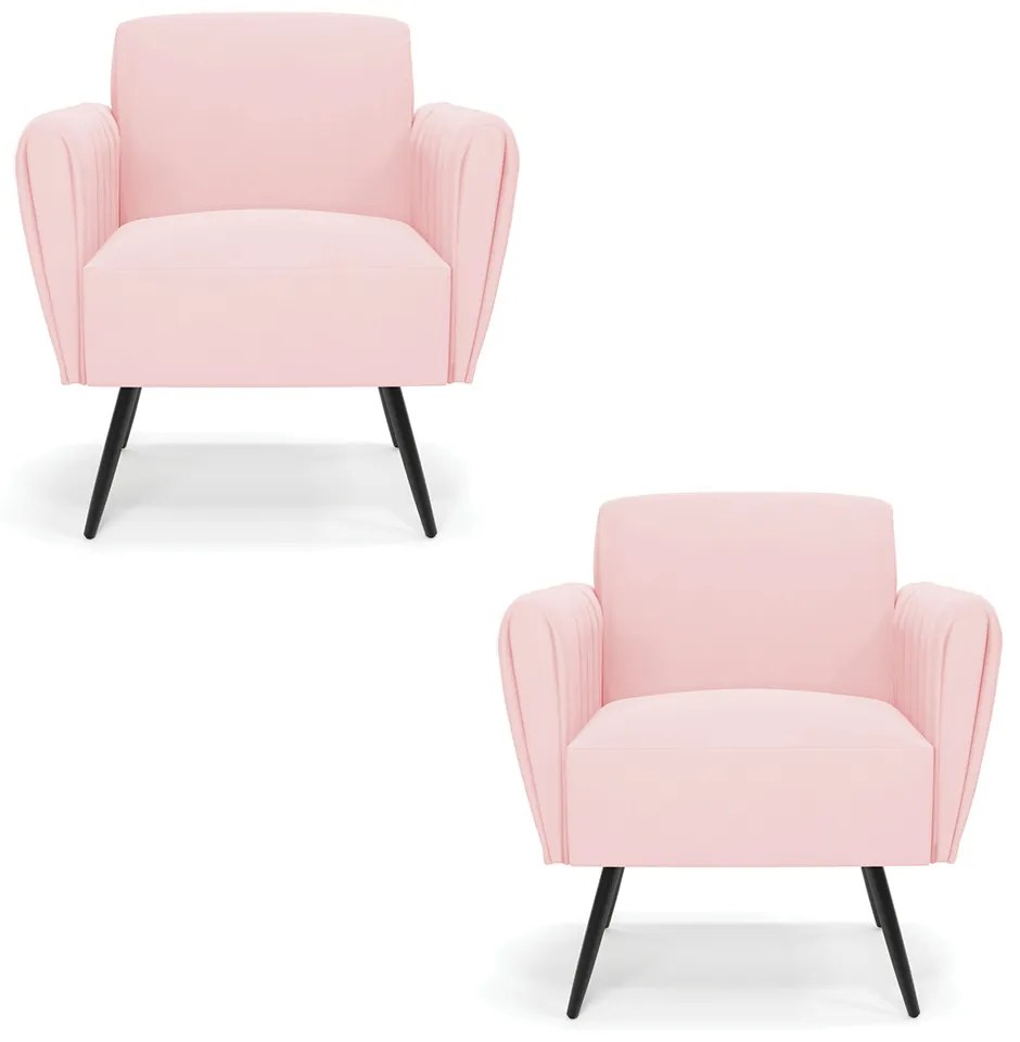 Kit 2 Poltronas Pés Palito de Ferro Bruna Suede D01 - D'Rossi - Rosa Bebê