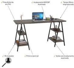 Mesa Escrivaninha Cavalete 150cm Estilo Industrial Prisma C08 Carvalho