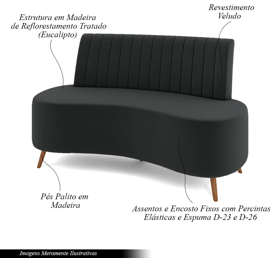 Sofá Living Decorativo 2 Lugares 1,35M Katara Cinza Escuro Veludo G33 - Gran Belo