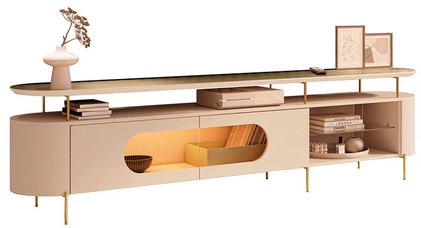 Rack Bancada Greta com Led Prateleira Vidro TV Até 85 Polegadas Off White/Champanhe G26 - Gran Belo
