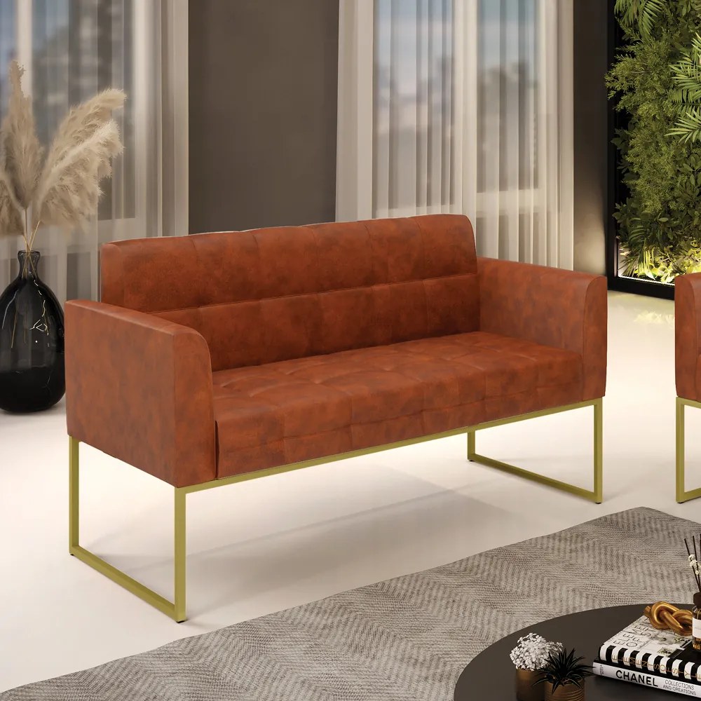 Sofá Namoradeira Elisa Corano Base Metálica Industrial Dourado - D'Rossi - Nozes