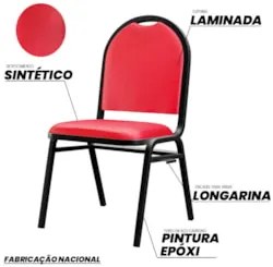 Kit 4 Cadeiras Hoteleiras Auditório Empilhável Sintético Z33 Vermelho
