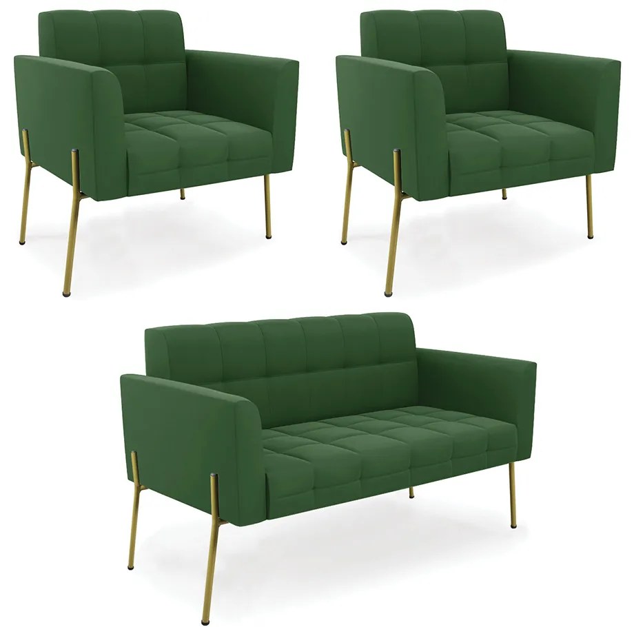 Sofá Namoradeira e 2 Poltronas Pé de Ferro Dourado Elisa Suede D03 - D'Rossi - Verde
