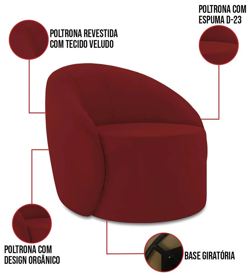 Sofá 4 Lugares Orgânico 220cm Morgan e Poltrona Lua Veludo Marsala D03 - D'Rossi