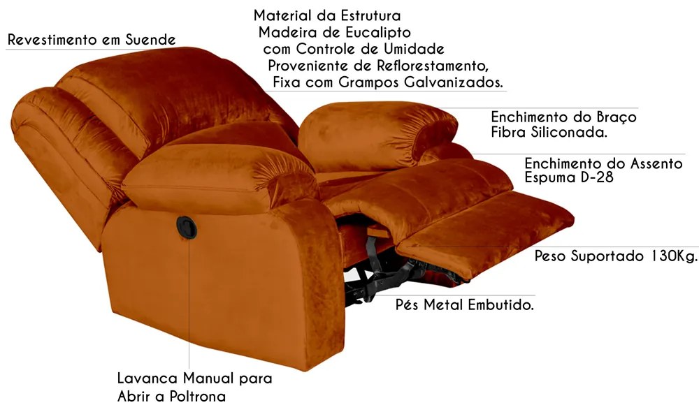 Poltrona do Papai Reclinável Manual Magnum Veludo Telha G23 - Gran Belo