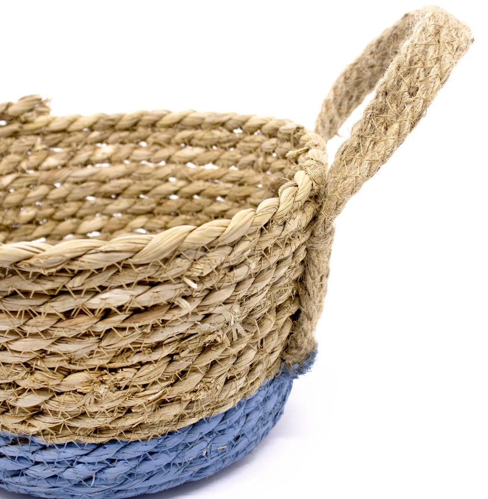 Cesto de Fibra Natural Seagrass Com Fundo Azul 13,5x21x23 cm - D'Rossi