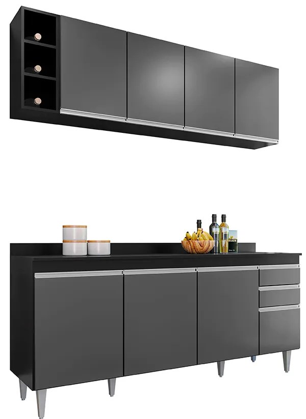 Conjunto Balcão de Cozinha com Tampo Apex Armário Aéreo MDP/BP Preto/Grafite G96 - Gran Belo