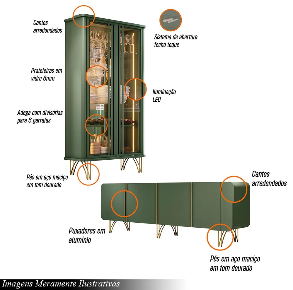 Conjunto Cristaleira Buffet com LED Portas de Vidro Pés Aço Maciço Cor Dourado Texas/Virginia Verde Pistache G26 - Gran Belo