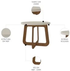 Mesa Centro Redonda 59cm Para Sala MDF Rexxar Cedro/Off A09 - Mpozenat