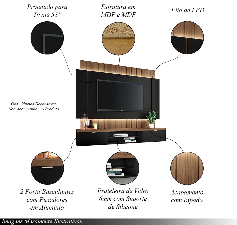 Painel Home Suspenso 1.8 para TV até 55 Polegadas MDP/MDF com Fita LED Illusion Preto/Castanho G26 - HB Móveis