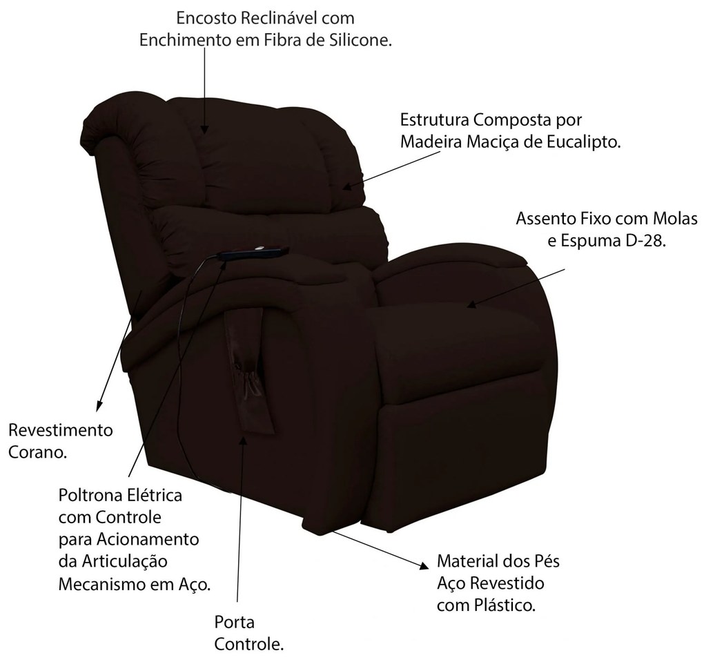 Poltrona do Papai Reclinável Elétrica com Controle Sala de Estar Oasis PU Sintético Marrom G23 - Gran Belo