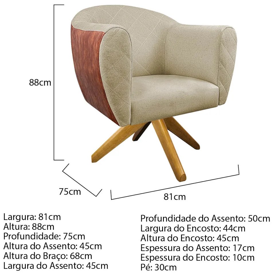 Poltrona Grazi Base Giratória de Madeira Sintético Nozes Linho - ADJ Decor