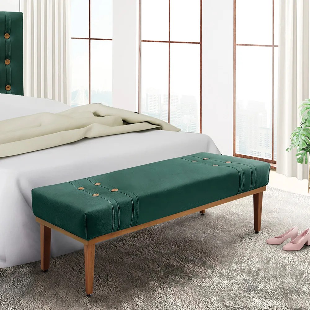 Divã Recamier Banco Base Madeira para Quarto Gênova 160cm Veludo Verde S04 - D'Rossi