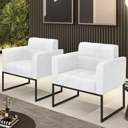 Poltrona Base Industrial Preto Kit 2 Ana Sintético PU Branco - Ibiza