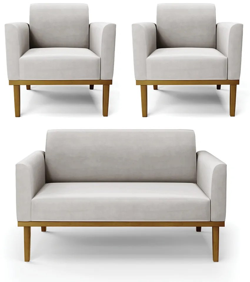 Conjunto 2 Poltronas e 1 Namoradeira Decorativa Isabella Pés Fixo em Madeira Castanho Veludo Cinza G19 - Gran Belo