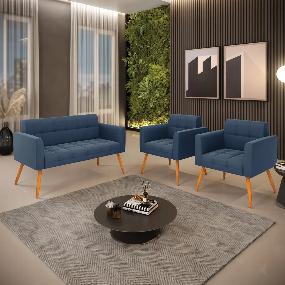Kit 1 Sofá Namoradeira e 2 Poltronas Elisa Suede Azul Marinho Pés Palito Castanho - D'Rossi