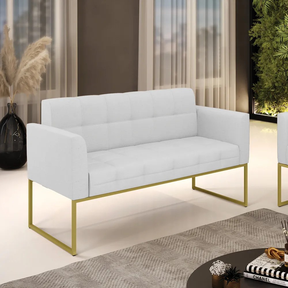 Sofá Namoradeira Elisa Linho Cinza A05 Base Metálica Industrial Dourado - D'Rossi