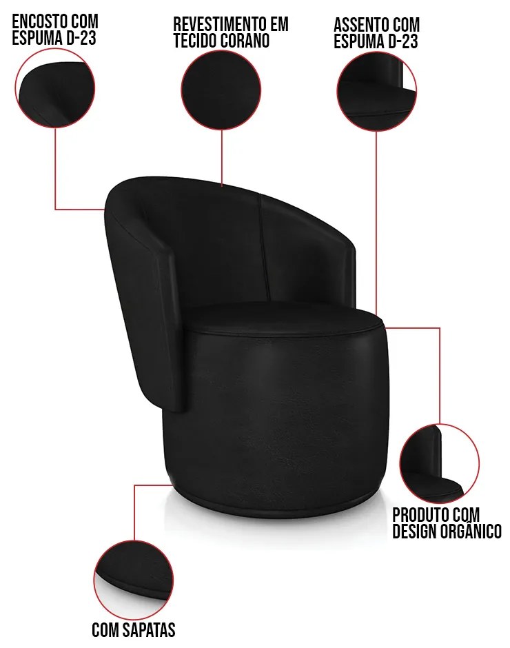 Poltrona e Puff Redondo Orgânico para Sala Malu Sintético PU M11 - D'Rossi - Preto