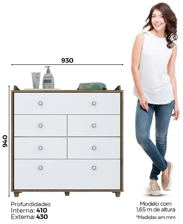 Cômoda Para Quarto Infantil Pão de Mel 6 Gavetas - Branco Rústico