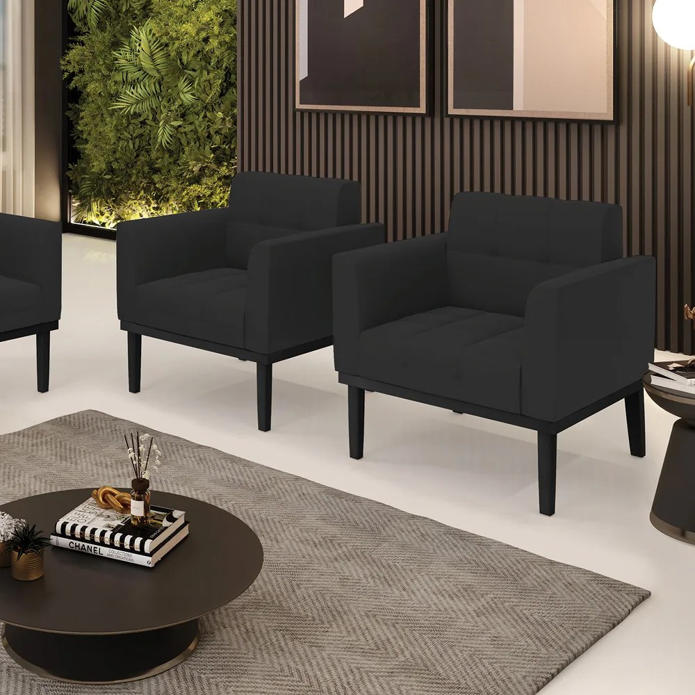 Kit 2 Poltronas Decorativas Karen Pés Fixo em Madeira Preto Veludo Preto G19 - Gran Belo